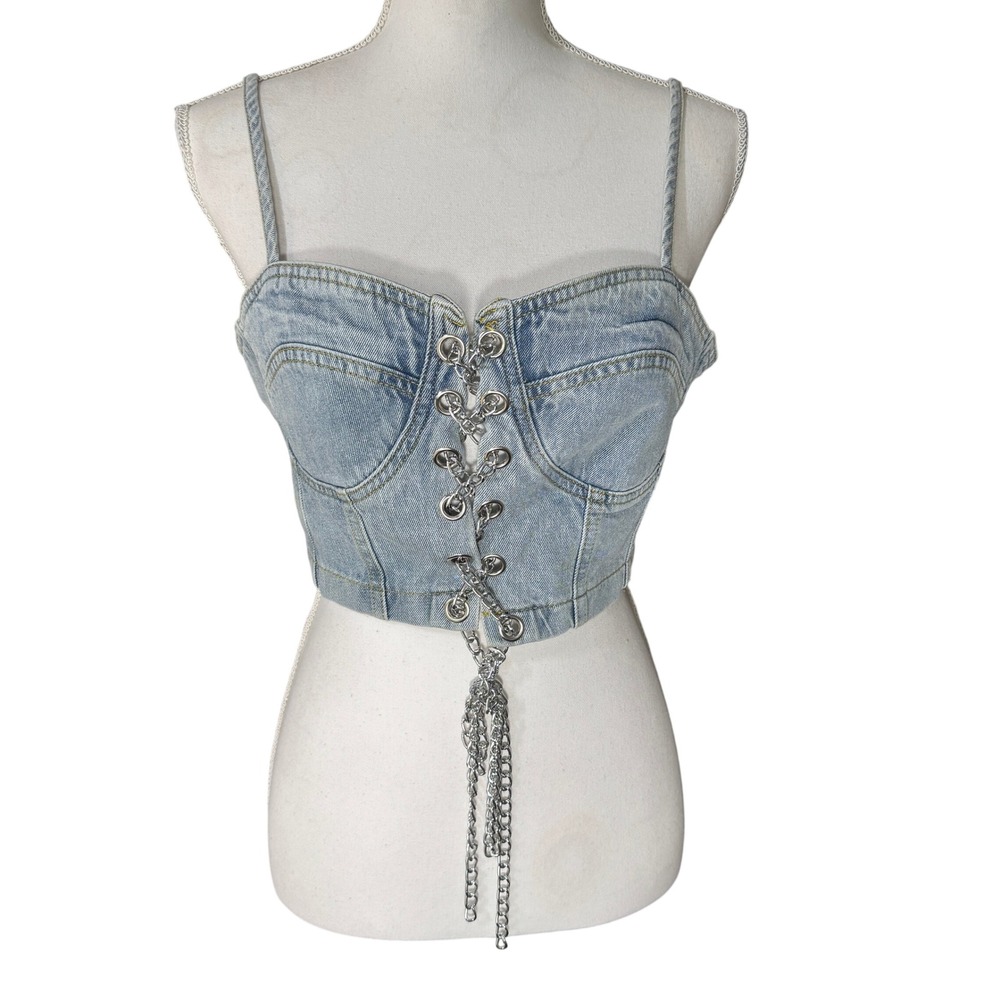 L'ATISTE Light Wash Denim Chain Lace Up Corset Top Blue Size Large Y2K Edgy NWT